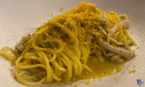 Trabocco Diamante. San Salvo Marina (Ch) - Tajarin all&#039;uovo aglio, olio e prezzemolo con cannolicchi, polvere, di bottarga e zest al limone